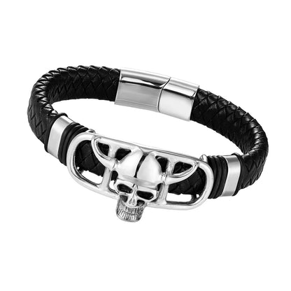 Titanium Skull Leather Braided Bracelet