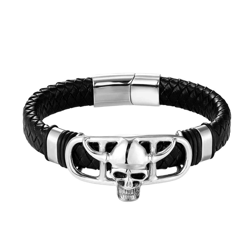 Titanium Skull Leather Braided Bracelet