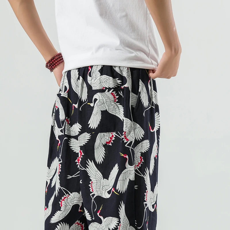 Cotton Linen Swan Pattern Pants