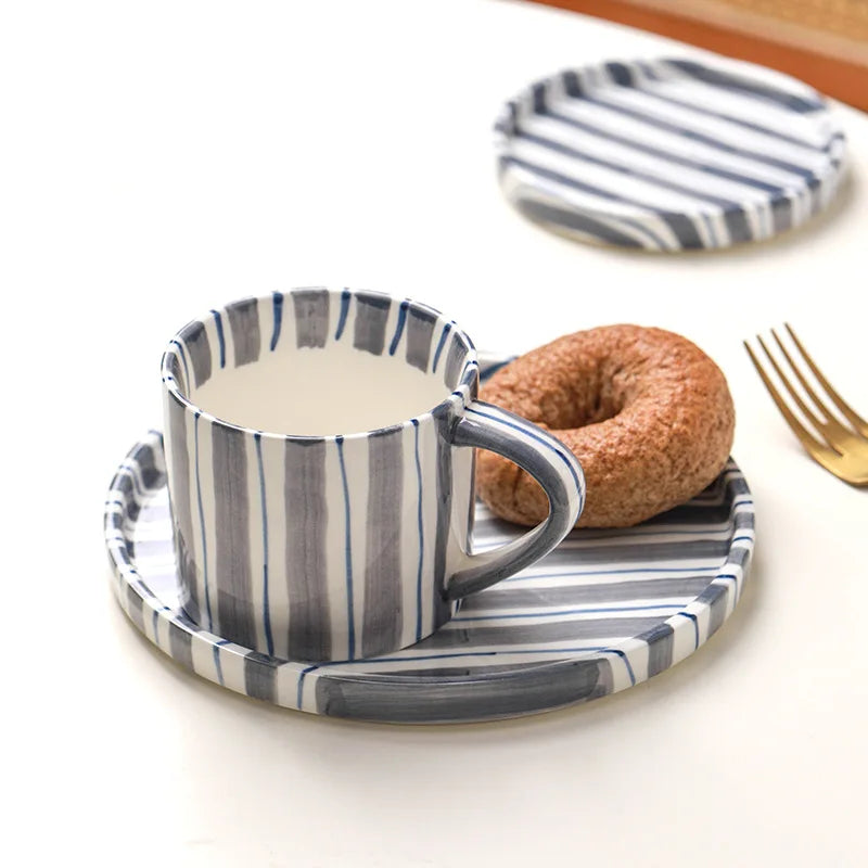 Handmade Ceramic Striped Mug & Plate Set