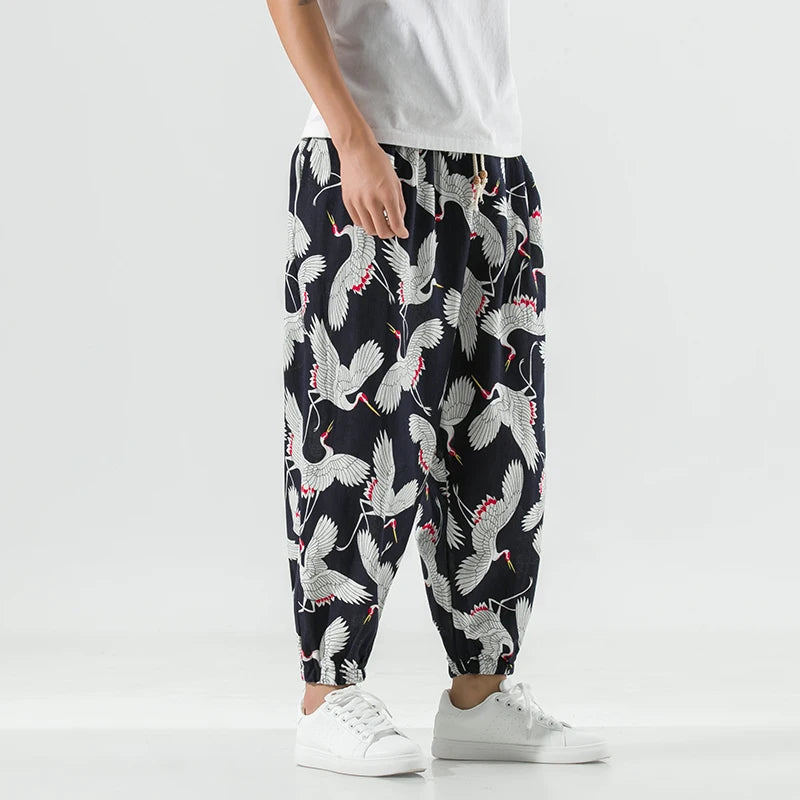 Cotton Linen Swan Pattern Pants