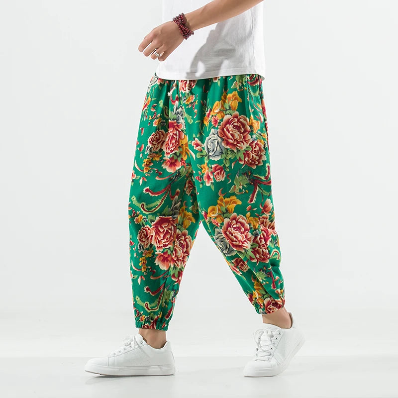 Breathable Cotton-Linen Floral Lightweight Pants