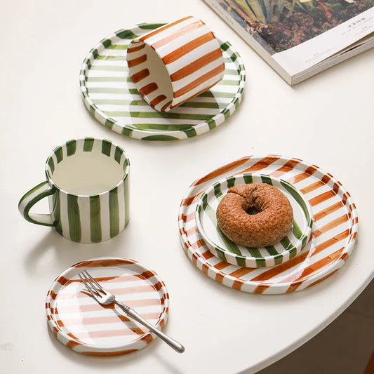 Handmade Ceramic Striped Mug & Plate Set